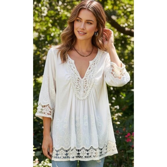 Forgotten Grace Tops - Forgotten Grace Ivory Embroidered Crochet Tunic Top V-Neck 3/4Sleeve Size Large
